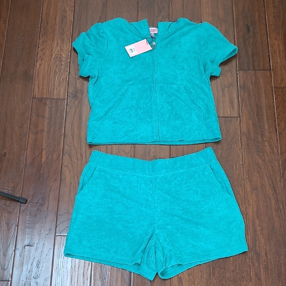 NWT Juicy Couture Coastal Teal Terrycloth Shorts Set with Hoodie size XL